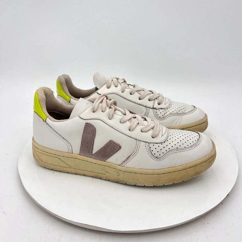 Veja V-10 Women Sz 6 White Neon Leather Brown Stitch V Logo Suede Training Shoes